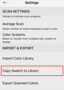 The app Settings menu highlights the "Copy Swatch to Library" tab