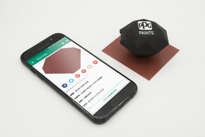 The PPG Pro scans a red metal swatch; a phone display the results