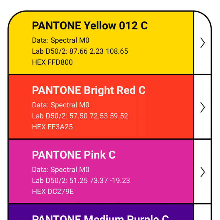 Color swatches displaying Pantone Yellow 012 C, Bright Red C, Pink C, and Medium Purple C with corresponding color codes.