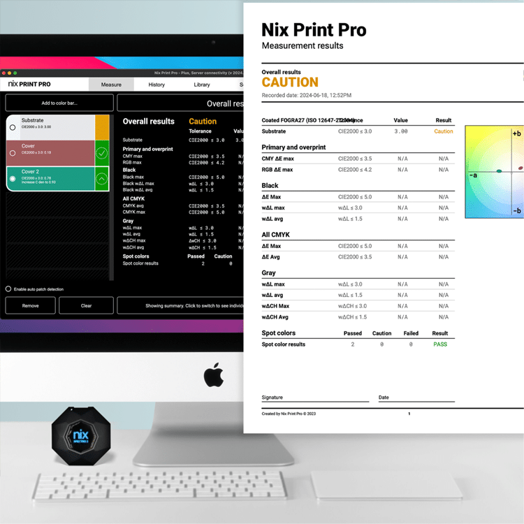 Nix Print Pro measurement results displayed on a computer screen alongside a printed report and Nix color sensor device.