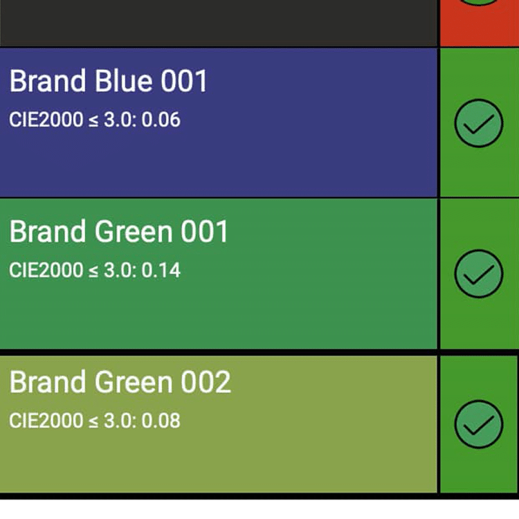 Color swatches labeled Brand Blue 001, Brand Green 001, and Brand Green 002 with CIE2000 values.